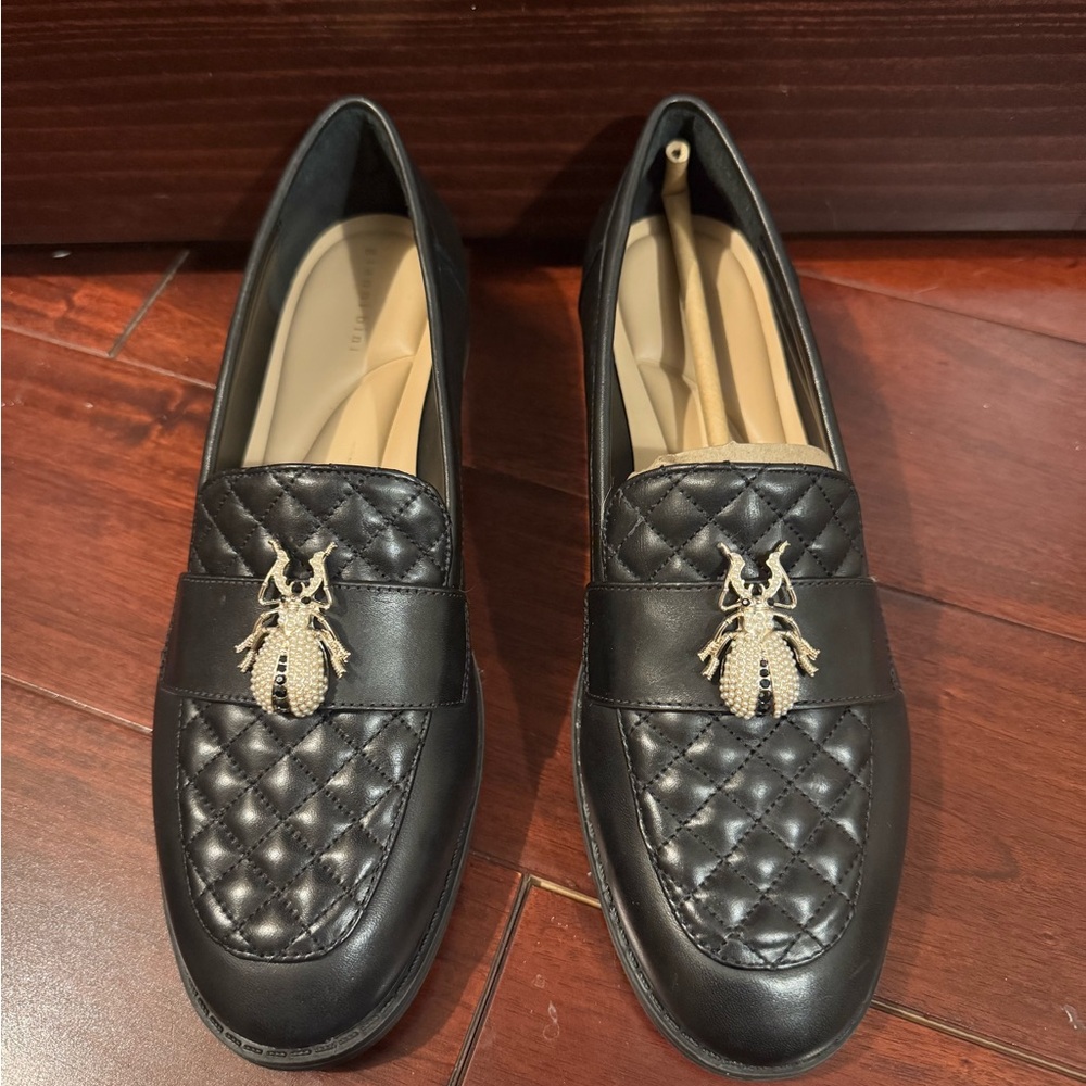 Gianni Bini Black Quilted Loafers with Beetle Embellishment